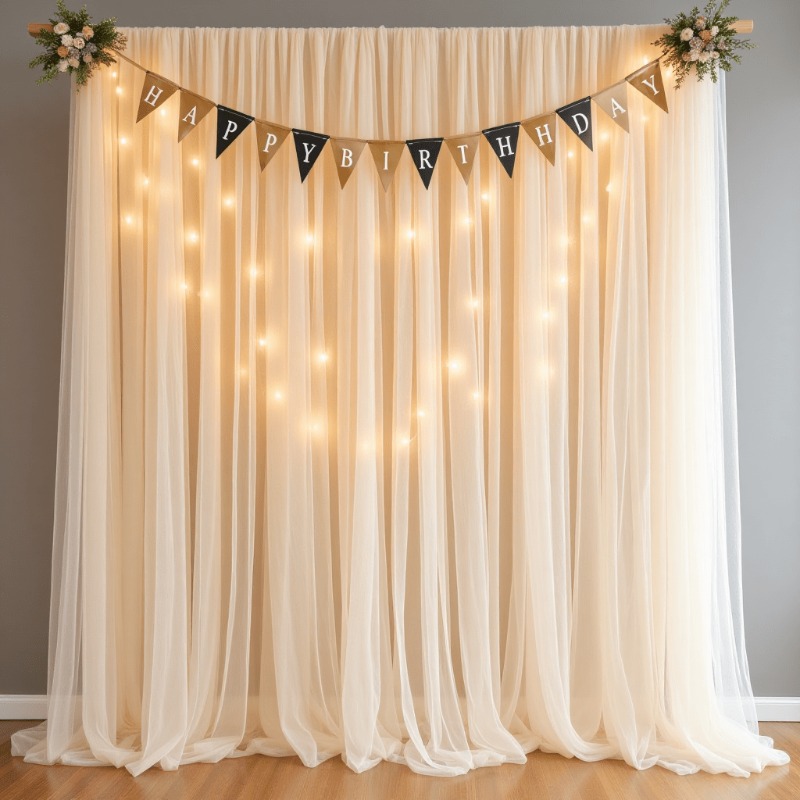 TEMU 2pcs Elegant Champagne Tulle Sheer Curtain Panels - Soft Polyester Fabric Suitable For Weddings, Bridal Showers, Arches & Stage Decorations,