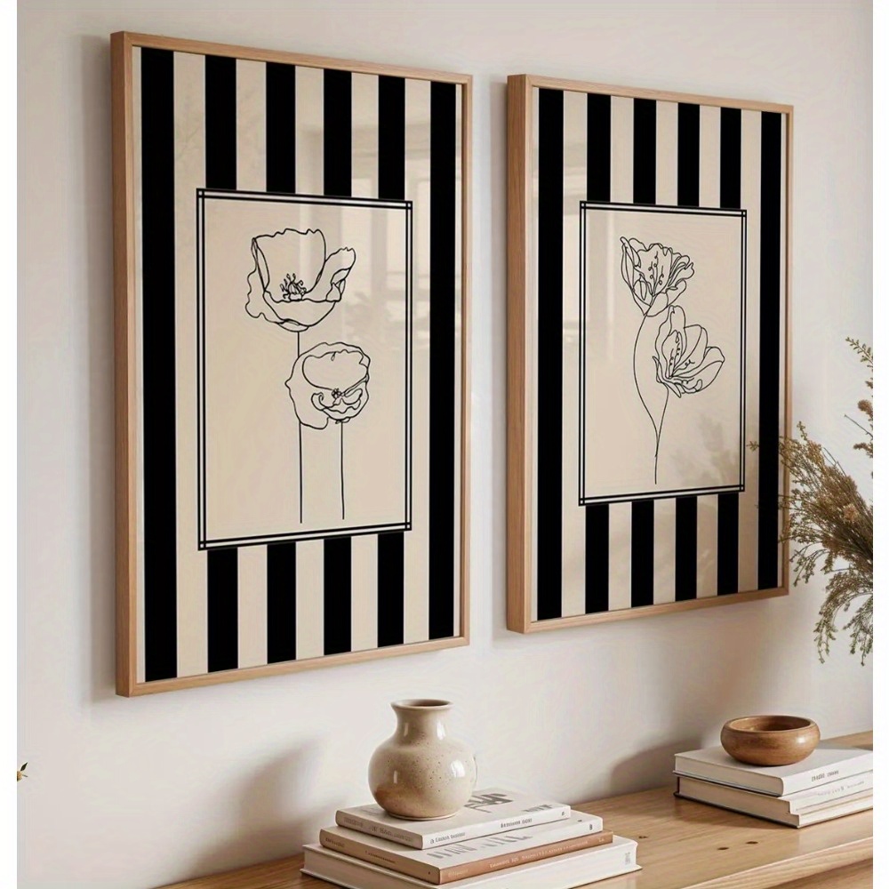 TEMU 2d Flat, 2d Flat, Set Of 2, Fashion Poster, Art Flower Print, Striped Printable Wall Art, Cottagecore Wall Art, Drawing Print, Poster, Suitable