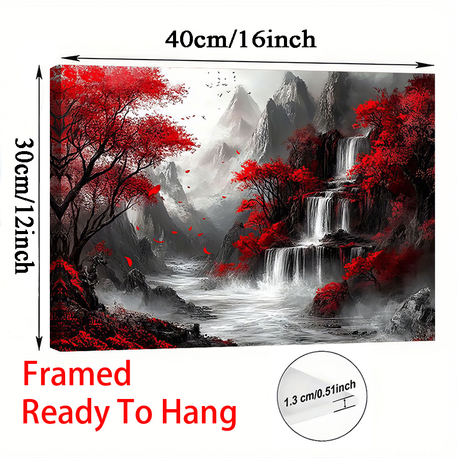 TEMU 2d Flat, 2d Flat, A Framed Canvas Showcasing A Surreal Of Cascading Waterfalls And Vibrant Trees, Perfect For Nature Enthusiasts And Home