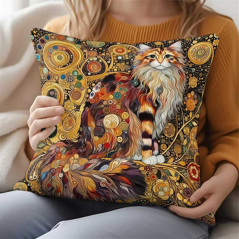 TEMU 1pc Bohemian Klimt-style Cat Cushion Cover - Luxurious Golden Suitable For Sofa Bed Decor, Soft Plush Pillowcase With Zipper Closure, Machine