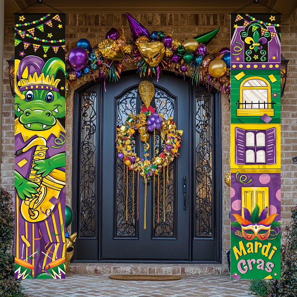 

1 Pair, Happy Mardi Gras Porch Sign Hanging Banner, Masquerade Carnival Theme Party Banner, Polyester, Suitable For Country Farmhouse Front Porch, Yard, Garage And Wall Background Decoration Supplies