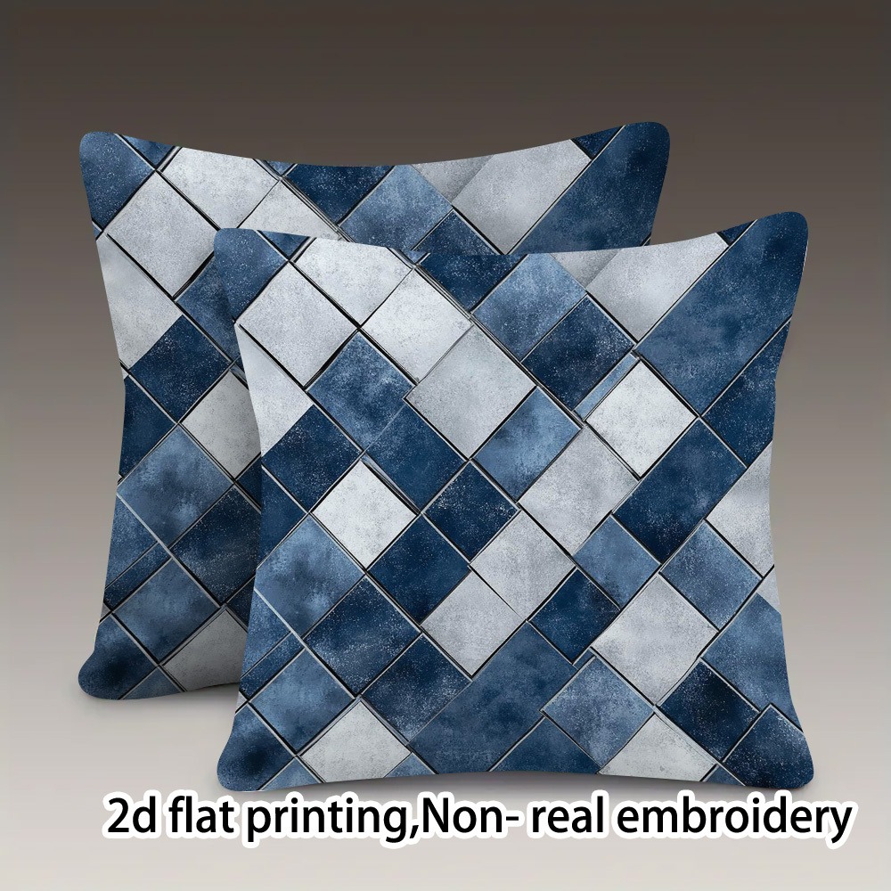 TEMU 2pcs, Vintage Blue-gray Tile Seamless Pattern, Single-sided Print, Zippered, Machine-washable Cushion Covers. Suitable For Sofa And Bedroom