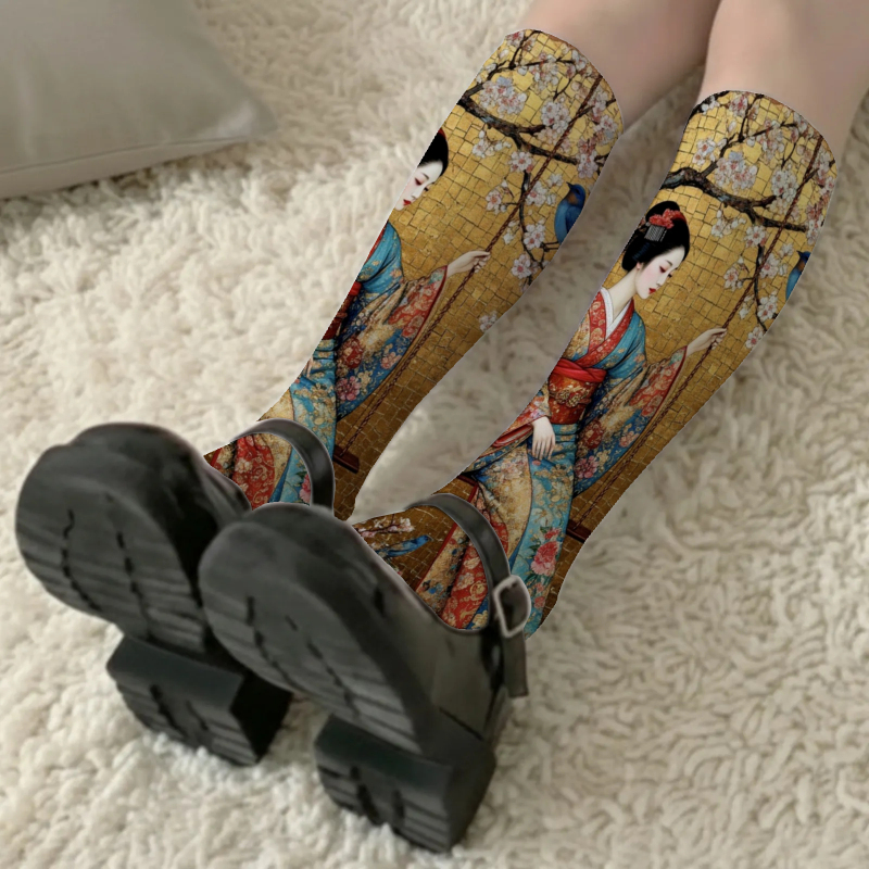 TEMU 1 Pair Women's Calf Socks, Geisha Cherry Totem Stockings, Sexy Thin Pattern, Versatile For Streetwear In Summer, Jk Calf Socks, High Stockings,