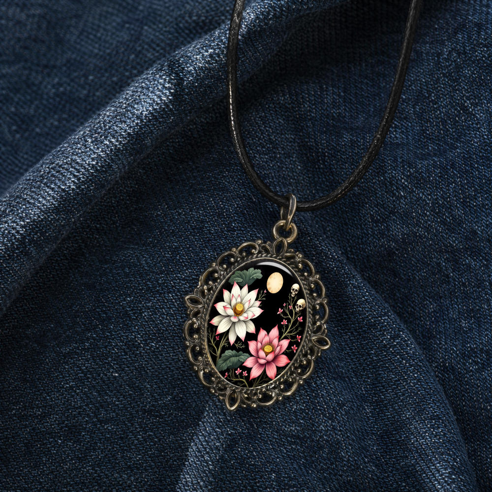 Vintage Floral Moon Night Sky Glass Pendant Necklace