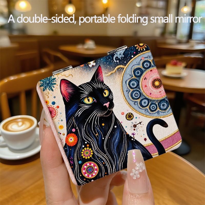 TEMU Double - Sided Portable Folding Small Mirror With Colorful Of Black Cat With Yellow Eyes, Pink Inner Ears And Nose, Intricate Patterns Of