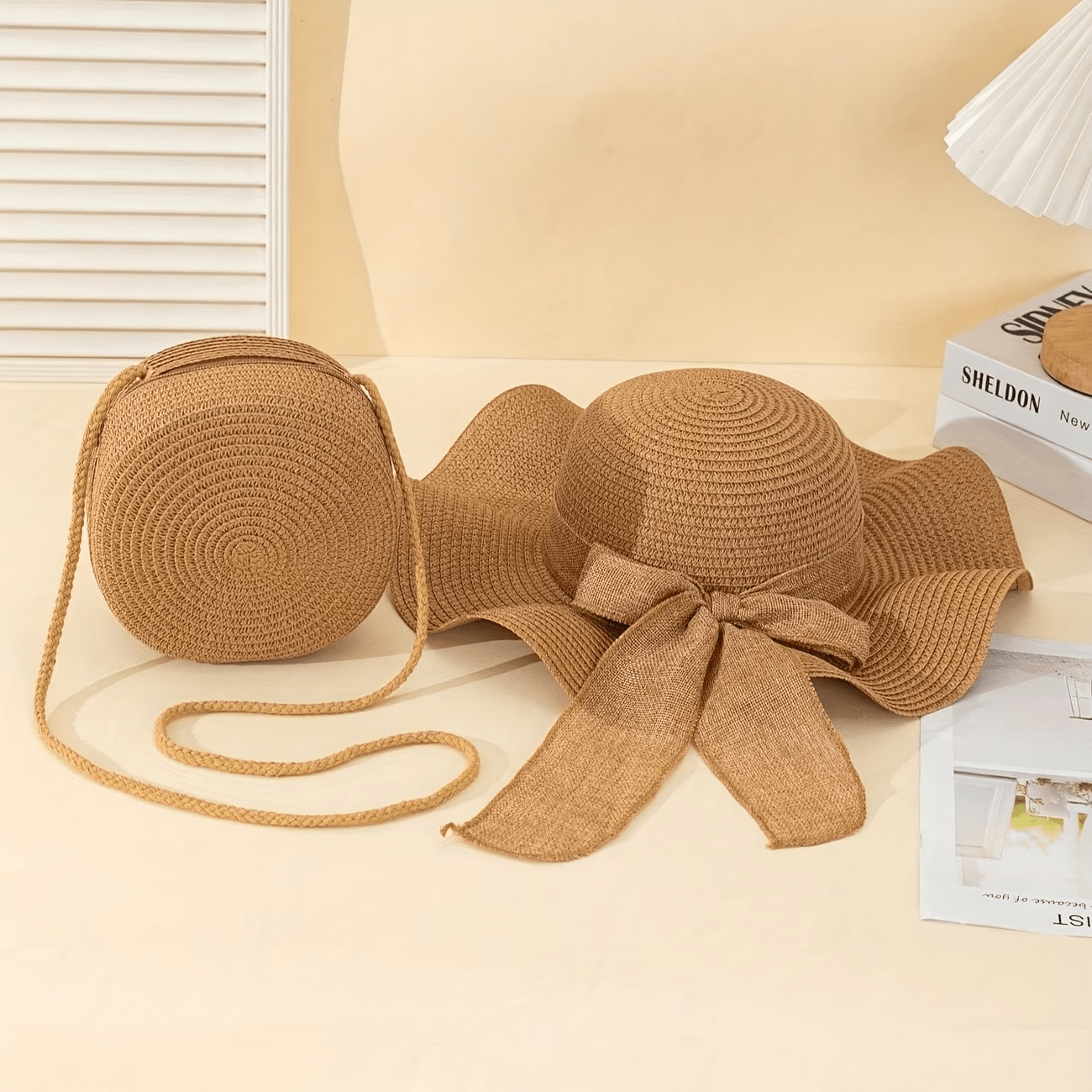 TEMU 2pcs Set: Bohemian Style High-quality Women's Bow Wide-brim Straw Sun Hat With Round Woven Crossbody Bag. Women's Bag Set, Sun Hat, Sun Visor,
