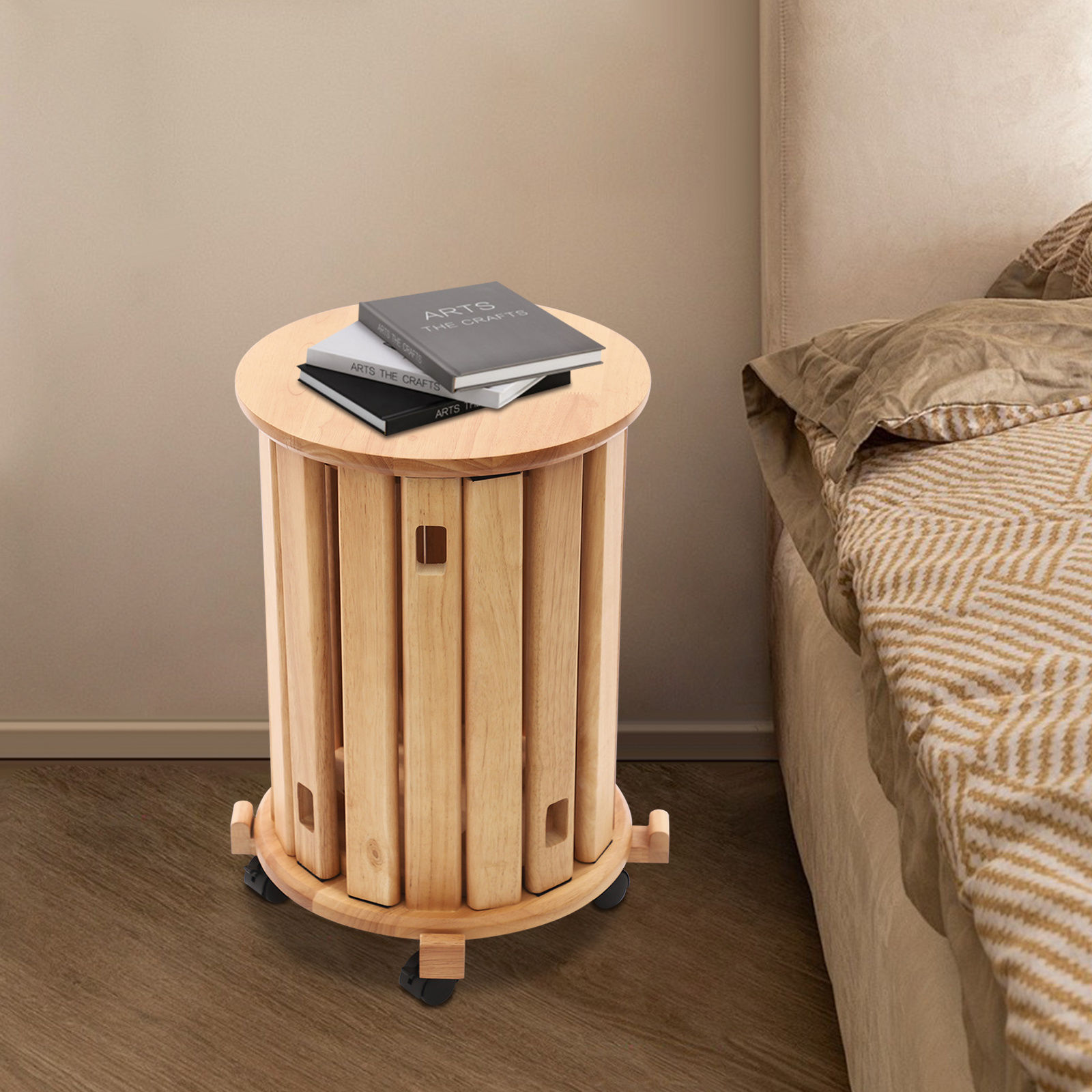 TEMU Juego de 4 Taburetes Apilables, Taburete de Madera 4 en 1, Taburetes Redondos de Madera con 4* Ruedas, Diseño Ahorrador de , Diseño Anidado ,
