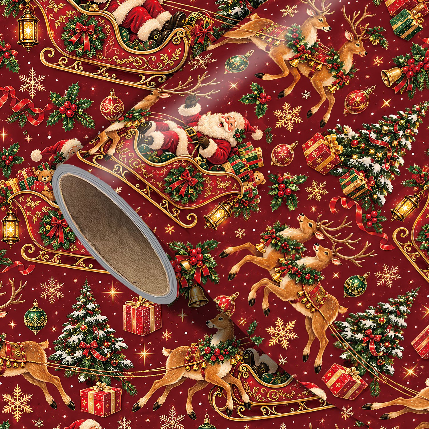 TEMU 1 Rouleau de Papier Cadeau de Noël Vintage avec Traîneau du Père Noël et , Papier d'Emballage Rétro pour les Fêtes avec Père Noël, , Sapin de