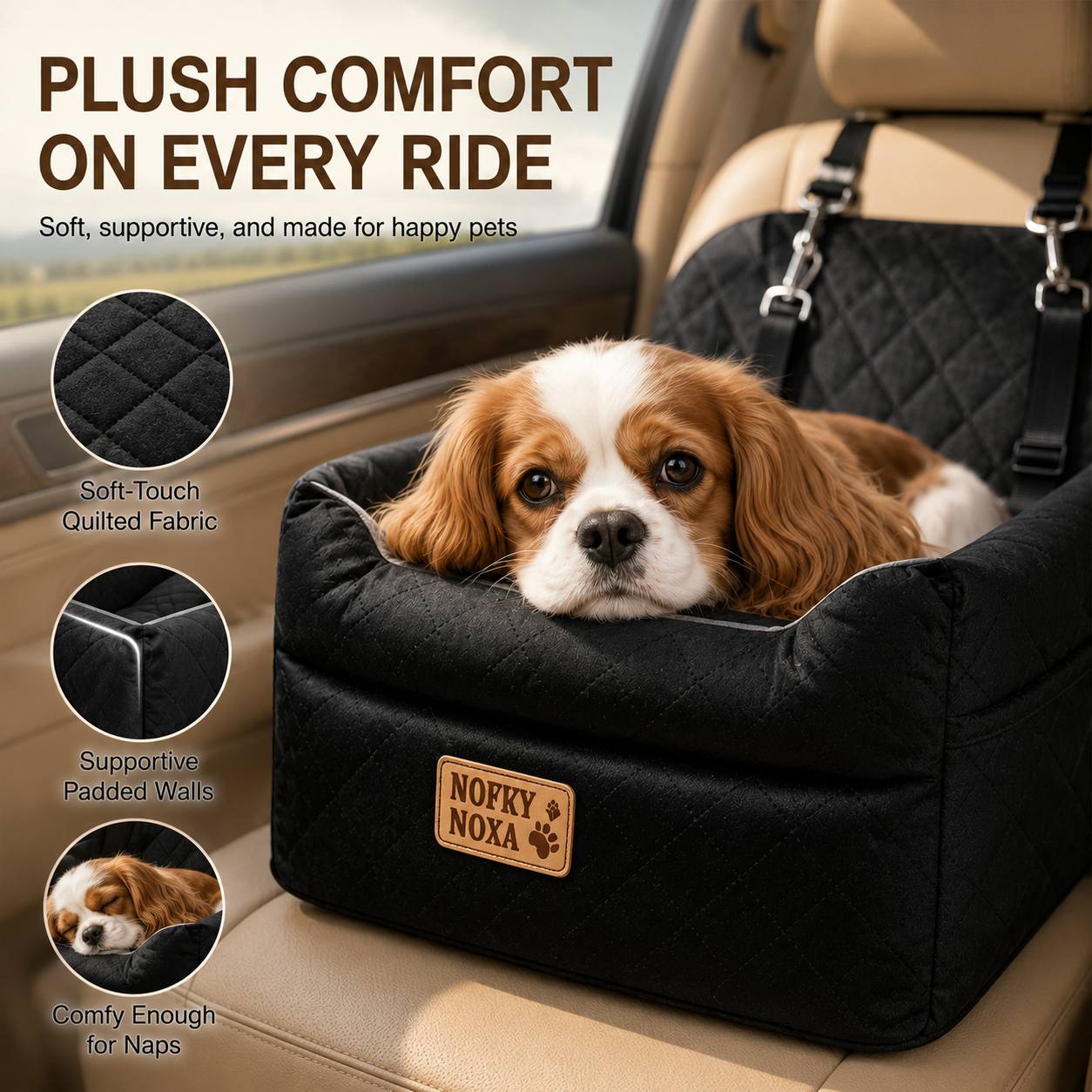 TEMU Raised Booster Dog Car Seat With Soft Quilted Padding And Firm Headrest Straps Offers Safe Cozy Car Riding Experience For Small Dogs Reduces Pet