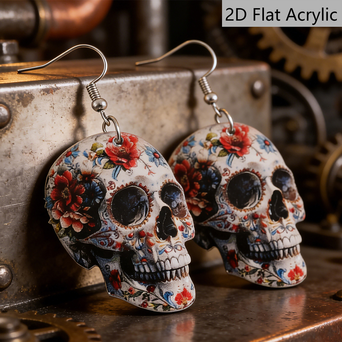 TEMU Aretes 2D planos para mujer, par de pendientes vintage del Día de Muertos - Colgante acrílico de calavera y flores, ideales para fiestas del de