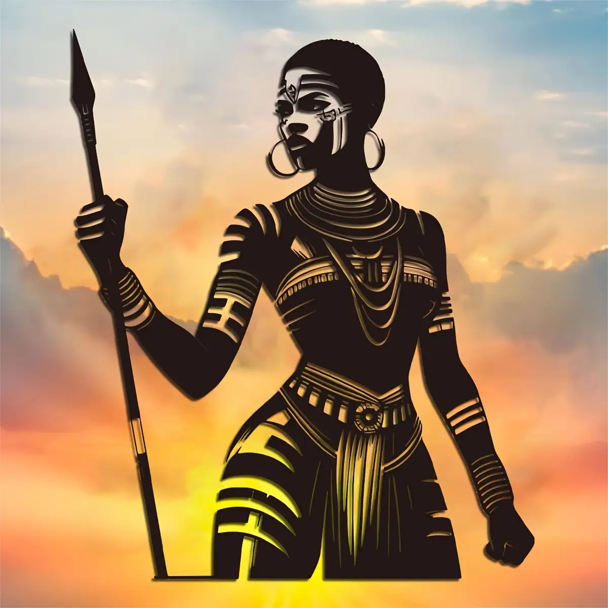TEMU Une grande décoration murale en métal d'une africaine - une silhouette d' avec un , présentant un décor noir et doré, convient aux salons, aux