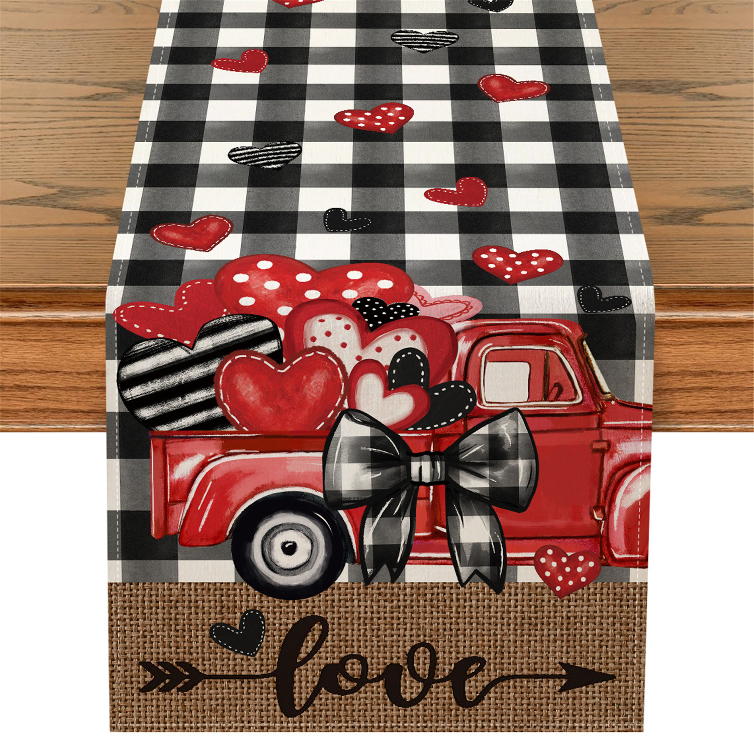 

1pc 's Day Table Runner - 100% Polyester, & Black White With Heart , "love" - Ideal For Home & Party Dining Decor, 33x183cm