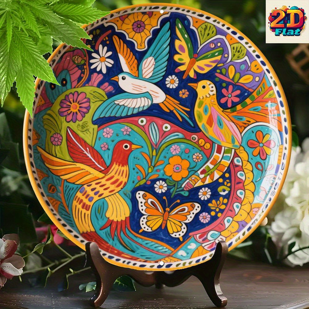 TEMU 2d Flat, 1pc Vintage Round Wall Panel - Wood Birds & Blossoms Panel Suitable For Living Room, Kitchen, Office Decor - Lightweight Hanging Wood