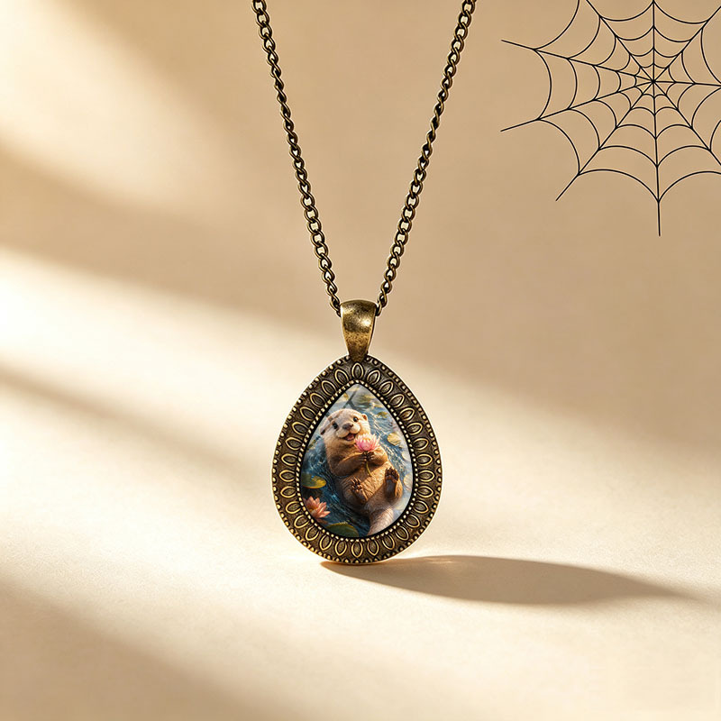 Otter with Pink Lotus Flower Necklace, Unisex
