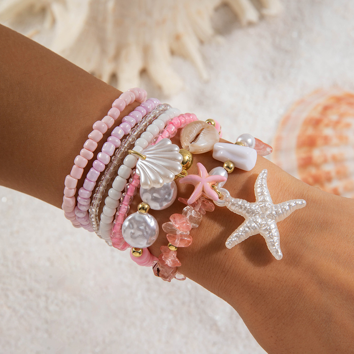 Boho Rice Beads Bracelet Set with Starfish Shell Charms