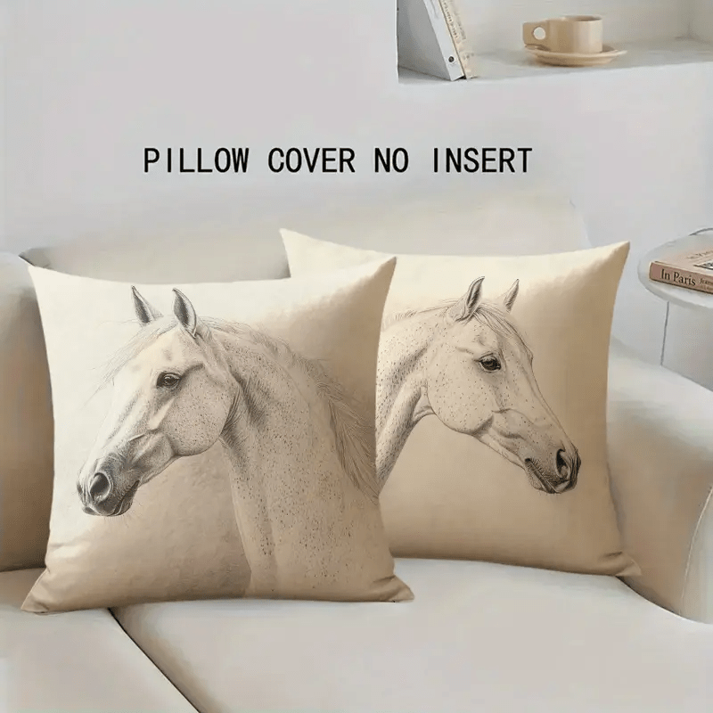 TEMU 2pcs Elegant White Horse Pencil Drawing Pillow Covers, 45.72x45.72 Cm - Zipper Closure, Machine Washable Polyester, Suitable For Sofa And Home
