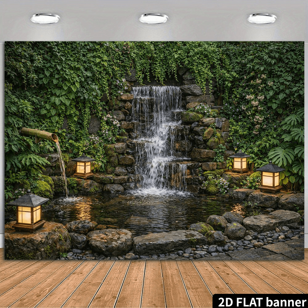 photo de l'article toile de fond plate 2d, bannière plate 2d, toile de fond de style japonais avec tubes à eau   et lanternes en   qui les entourent. une   de   à plusieurs niveaux se   dans un étang,   de rochers moussus et de petites  . des lianes grimpantes  