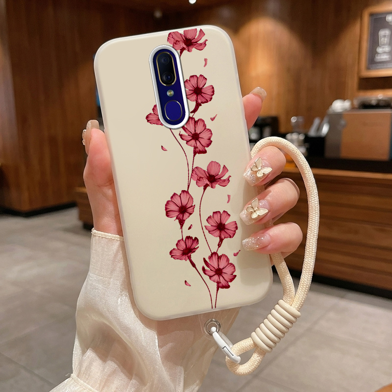 phone case compatible with oppo a9x f11 a9 phone case 2 in 1 flexible jelly cover with a hanging strap shockproof anti scratch soft protective case red wine flowers print