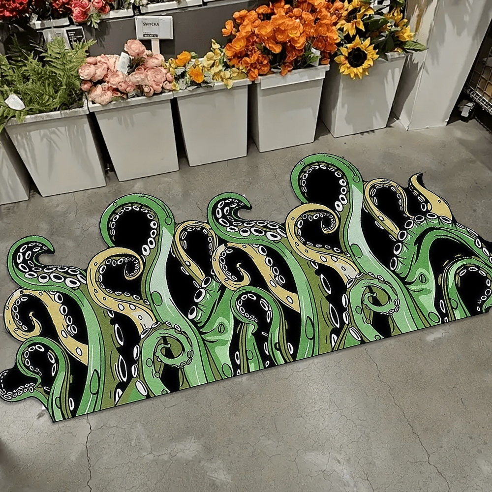 TEMU 1pc Velvet 850g/mÂ² Irregular Strip Mat With Green Octopus Tentacle Art Print, Non-slip Backing, Machine Washable,, Easy To Clean, Suitable For