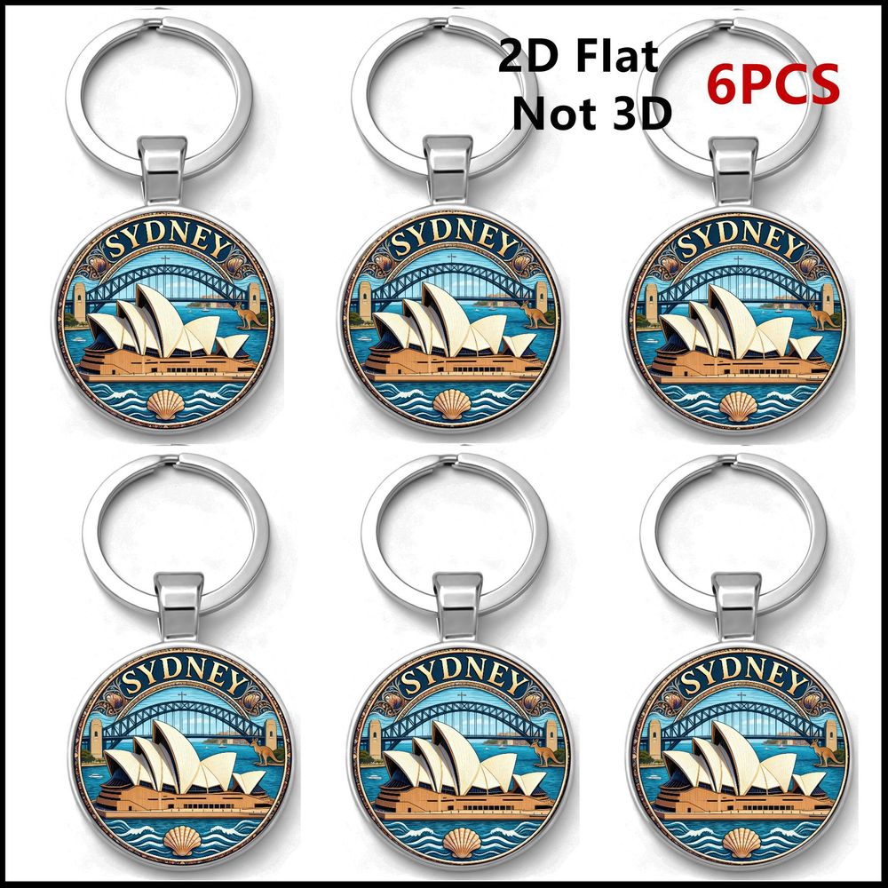 TEMU 2d Flat - Sydney Opera House And Harbour Bridge Pattern, Retro Keychain, 6pcs Colorful Round Crystal Keychain - 2d Flat, Not 3d Car Keychain