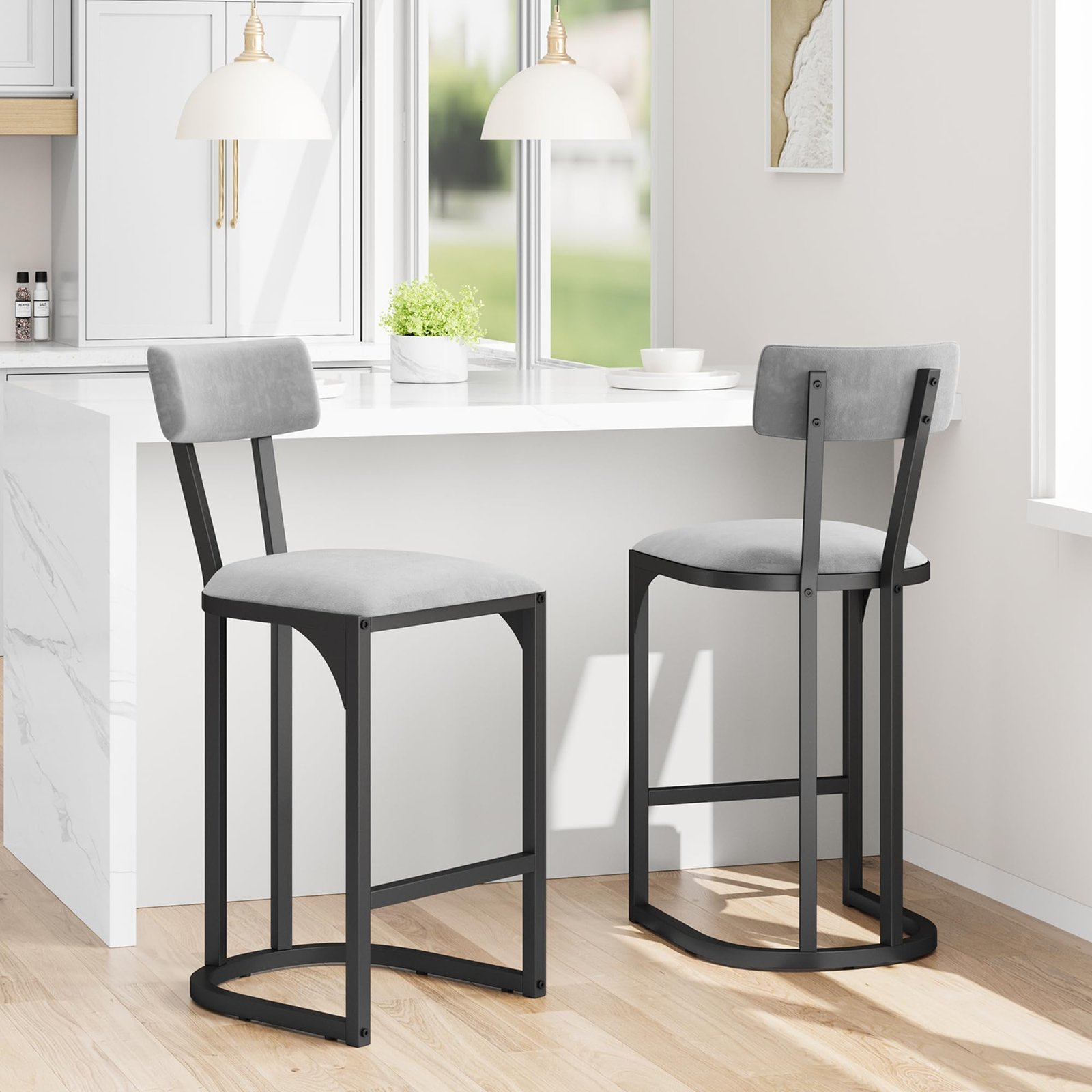 Bar Stools Set Of 2, Counter Height Bar Stools For Dining Room, Island Chairs For Kitchen Table, Tall Barstools With Back, Metal Counter Stools With Upholstered For Home Bar (gray)