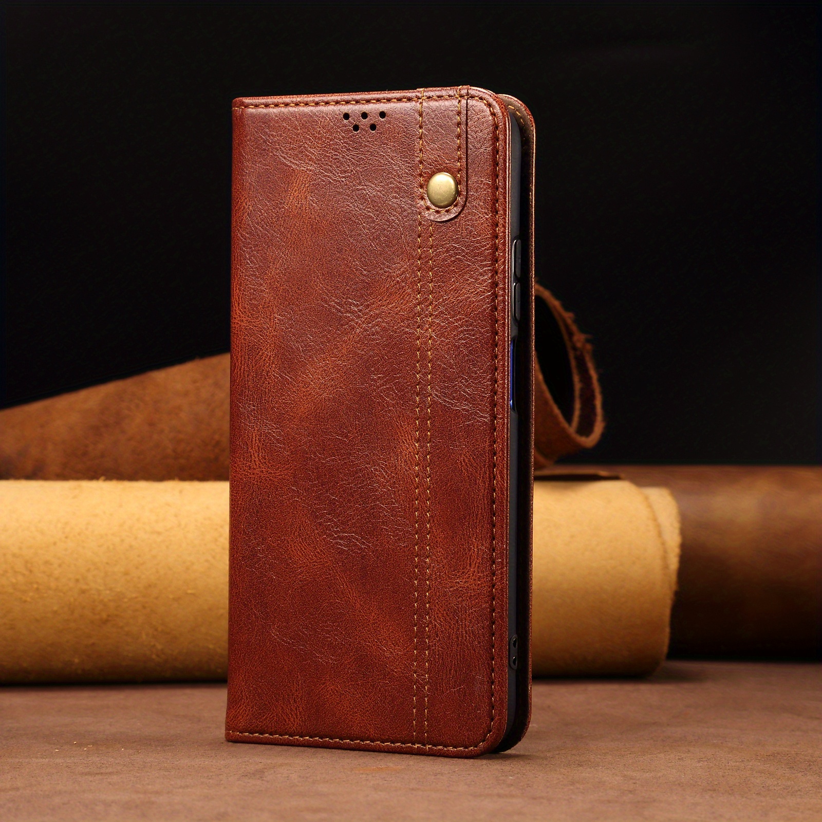 TEMU Phone Case: Brown Oil-wax Textured With 2 Card Slots   1 Wallet Slot, Synthetic Leather Phone Case For Men And Women With Feel. Suitable For