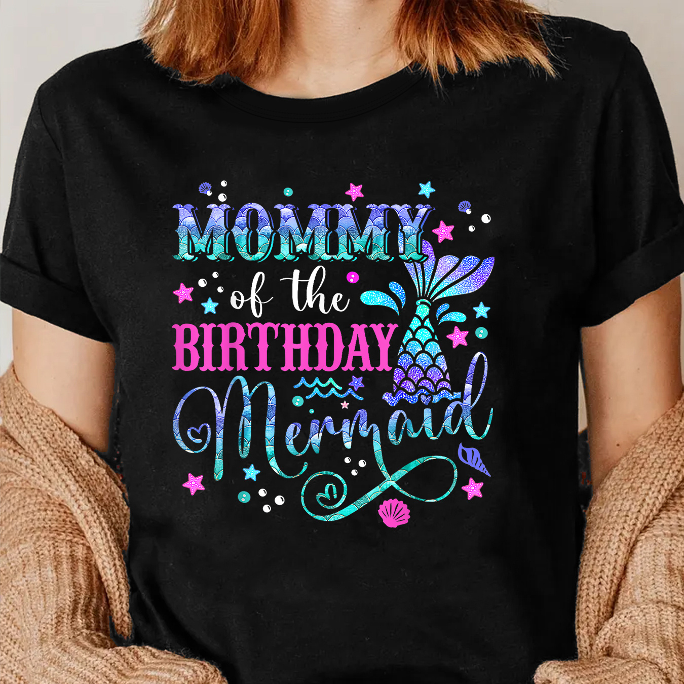 

Women's Polyester Crew Neck T-shirt, , Regular Fit, Short Sleeve, Knit Fabric With Slight Stretch, With Mermaid Birthday Print, For All