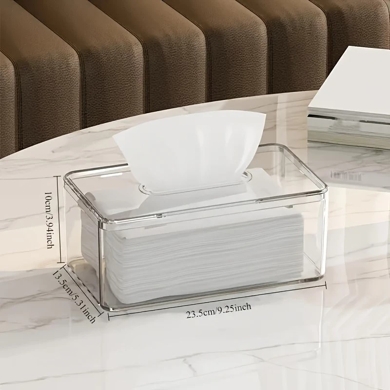 a modern transparent acrylic tissue box cover with a  , featuring a smooth tissue outlet, suitable for decorating bath  and living  . Product details 2