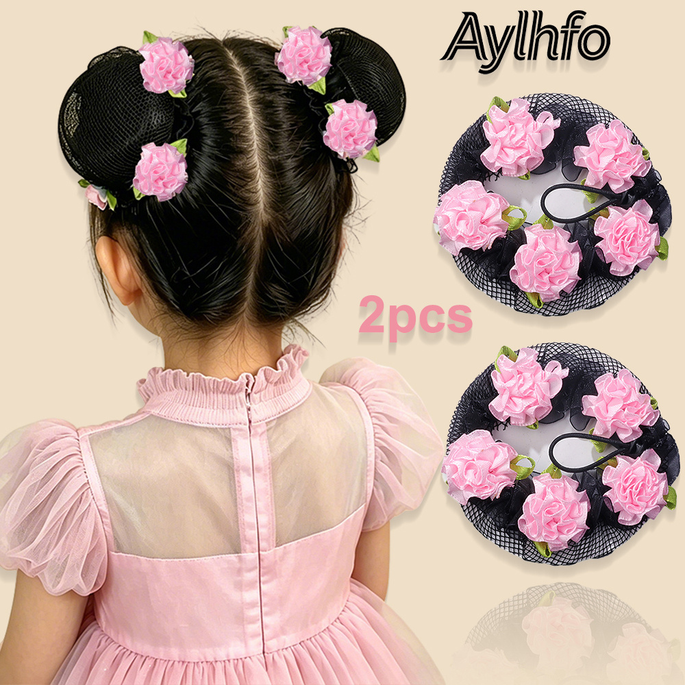 TEMU Aylhfo 2pcs New Children's Colorful Carnation Fabric Flower Hair Net, Girls' Convenient Drawstring Bud Bun Hair Tie, Children's Hair Accessory,