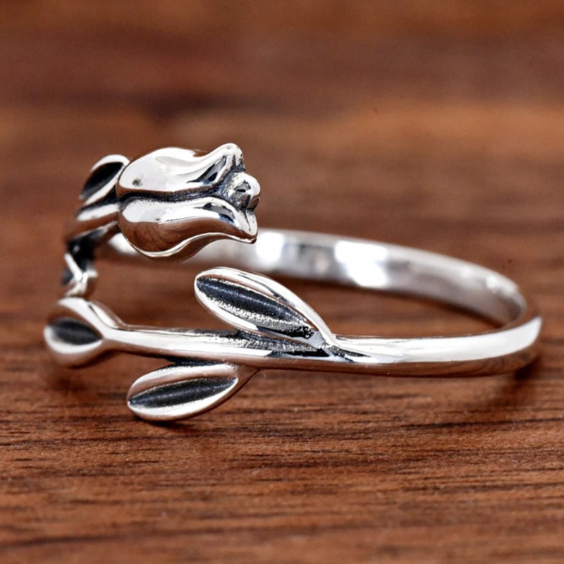 Bohemian Rose Flower Adjustable Ring, Retro Style