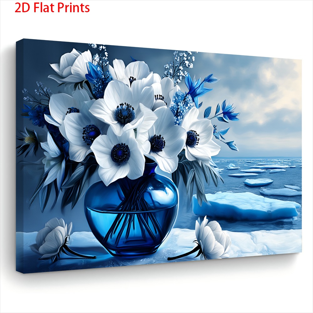 TEMU 2d Flat, 1pc Large Blue White Navy Floral Framed Canvas Wall Art - Rustic Modern Wood Frame Suitable For Living Room, Bedroom, Office Decor -