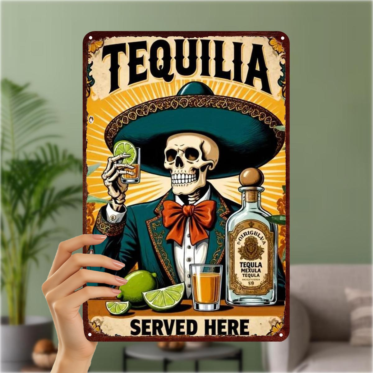 TEMU 2d Flat 1pc, "vintage Tequila Skeleton Sign - Metal Wall Art Decor For Bar Or Home" 8Ã12 Inch