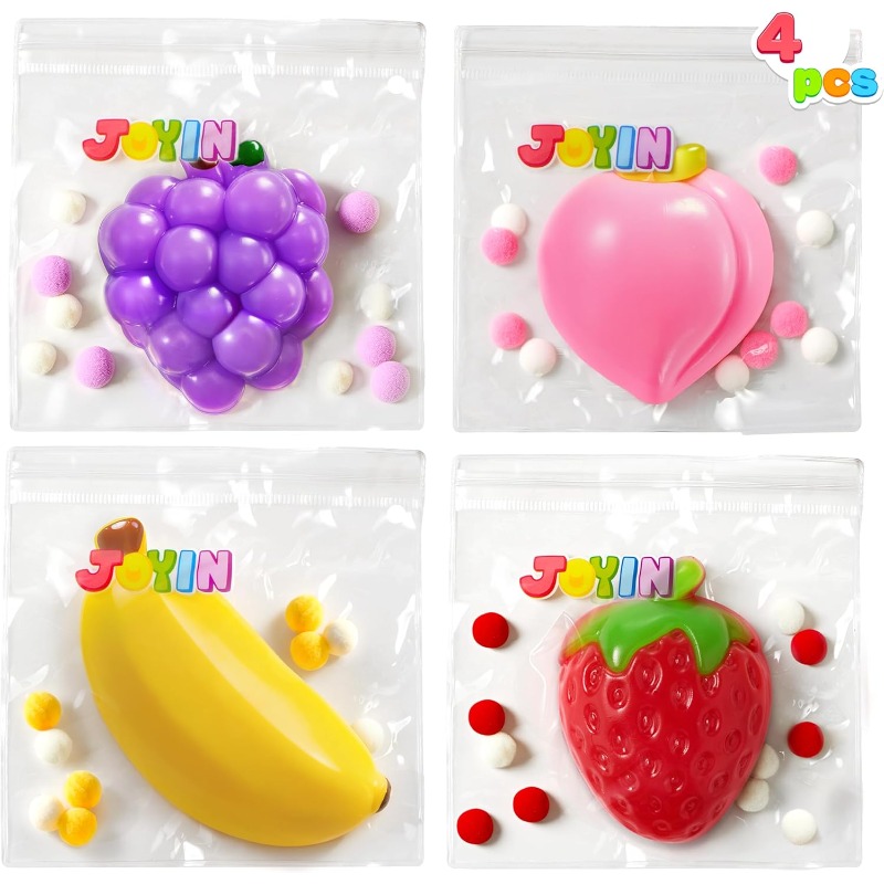 TEMU Set Of 4 Fruit-shaped Toys Designed For Stress Relief, Featuring A Banana, Grape, Strawberry, And Peach. Cute Fufu Squishies Are Perfect For