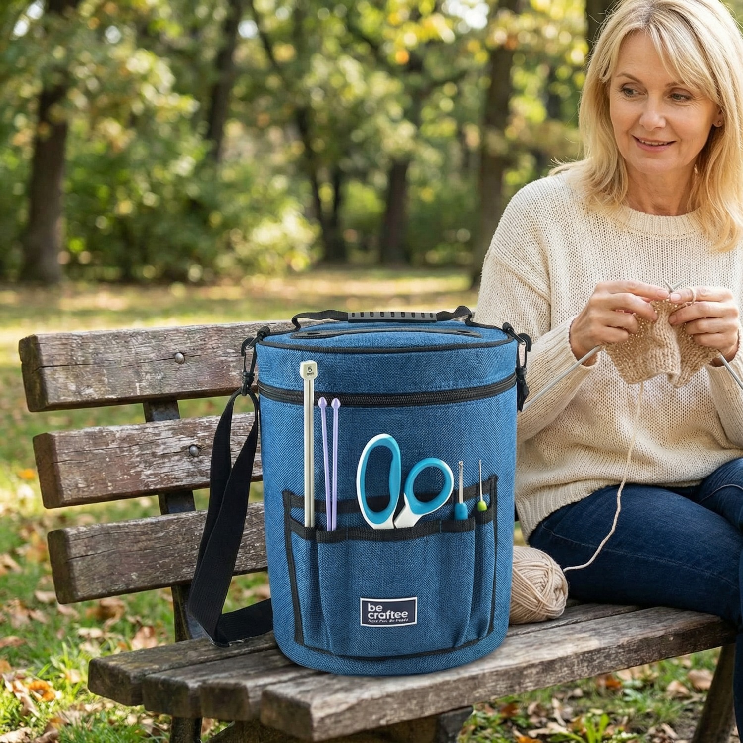 Xl Large Yarn Storage Bag - Portable Crochet & Knitting Organizer With 7 Pockets, Craft Carry Case For Tools & Accessories - Free Shoulder Bag For Home & Travel, Blue, Yarn Storage