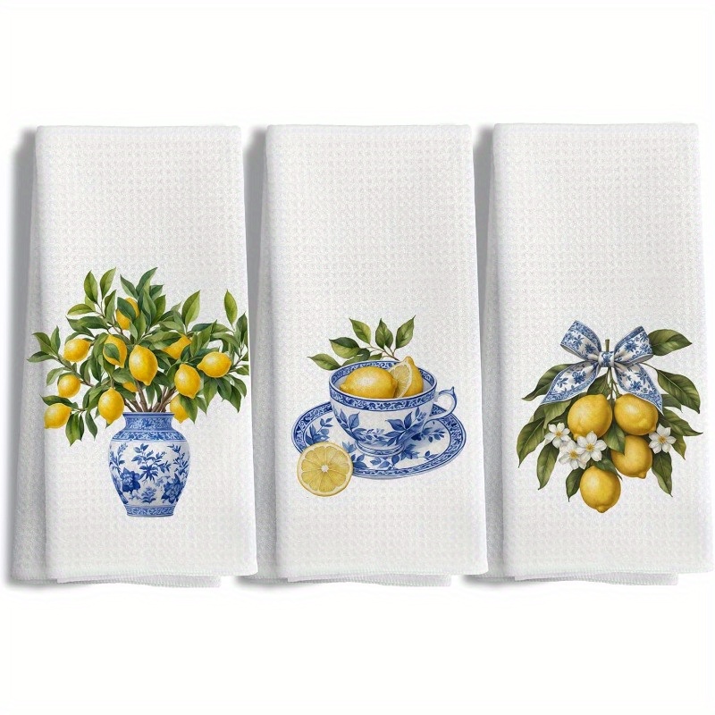 3pcs 18x26 Inch Lemon Kitchen Towels, Blue And White Summer Lemon Dish Tea Towels For Kitchen Decor, Decor Hand Towels For Bathroom