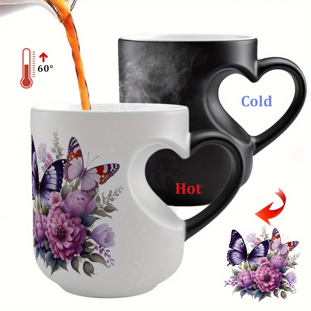 11oz Color Changing Ceramic Mug - Butterfly & Floral Design, Heart Handle