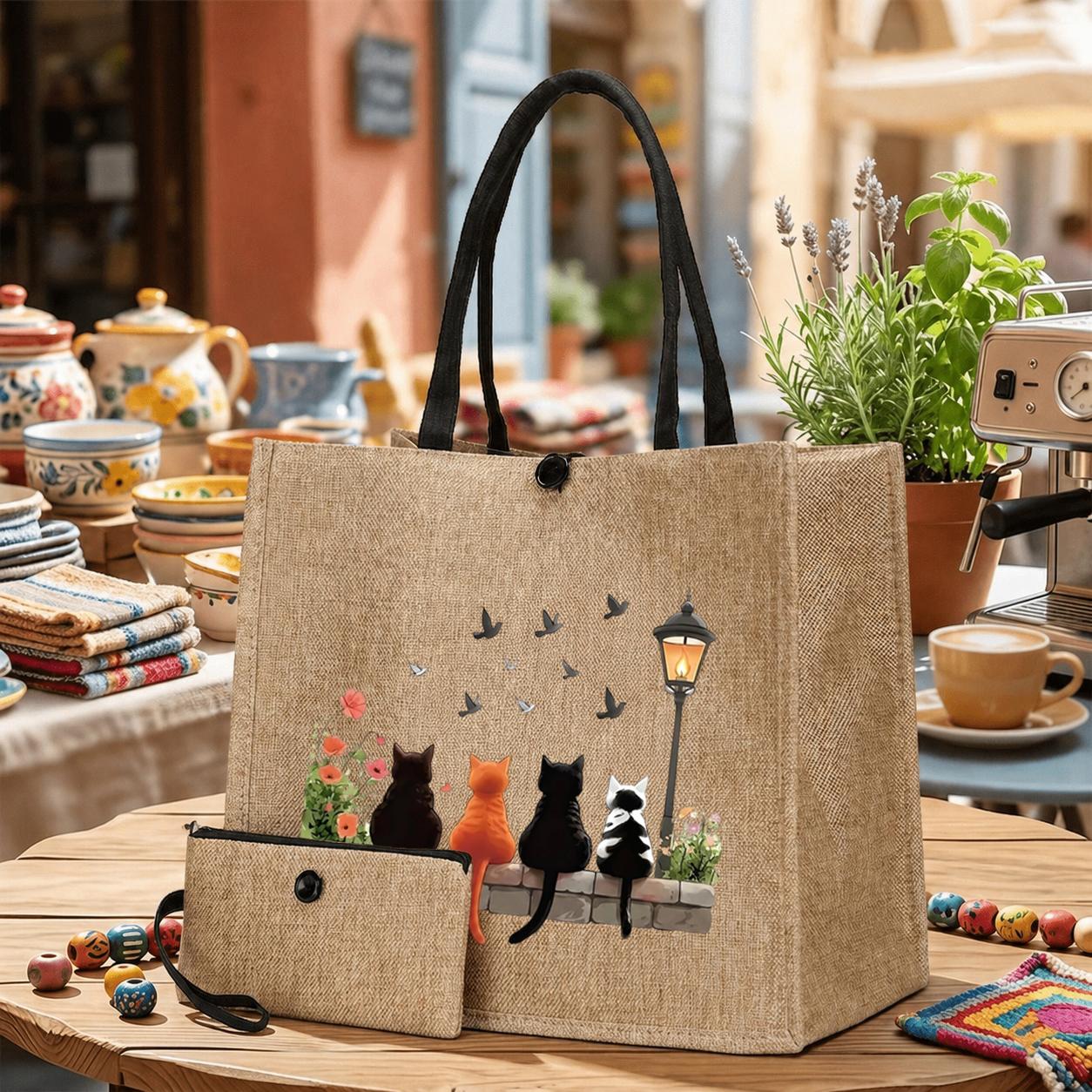TEMU 2d Vintage Kitten Pattern Jute-look Tote Bag Set With Small Pouch, Used As A Laptop Bag, Beach Work Travel Essentials Bag, Diaper Bag