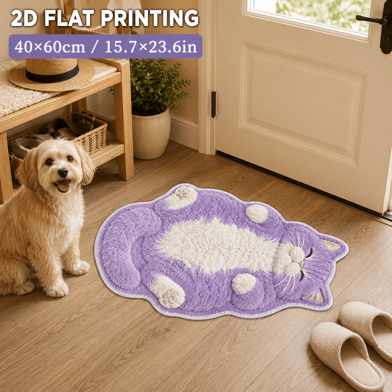 TEMU 2d Flat, 1pc 850gsm 7mm Thick Velvet 2d Flat Printed Purple Sleeping Cat Shaped Rug Non Slip Soft Decorative Floor Mat Machine Washable For