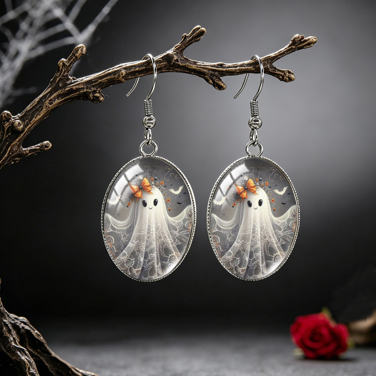 TEMU 1 Pair Of Lace Bow Cute Pattern Oval Earrings, Halloween Unisex Versatile Pendant Earrings