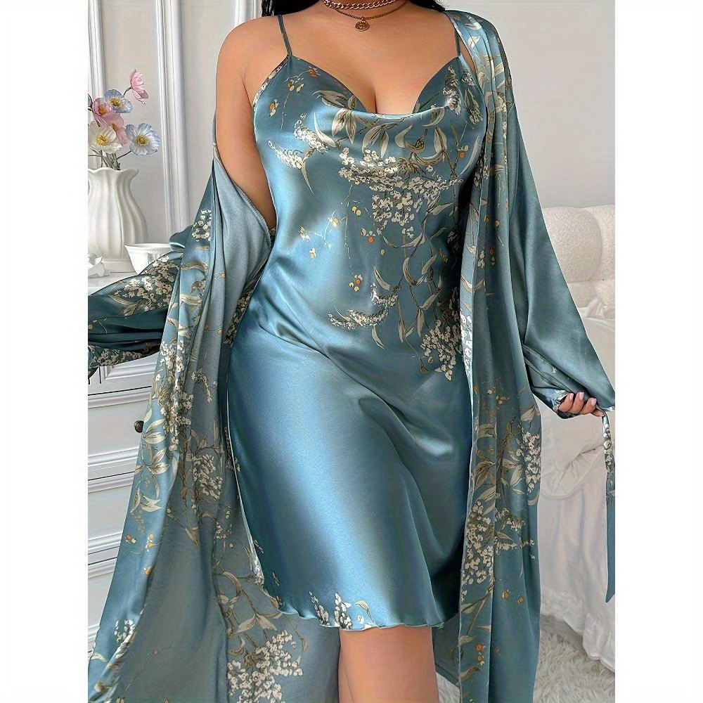Plus Size Women's Nightgown, Elegant Golden Printed Slim Shoulder Sleepwear - Sexy Swing Collar Casual Skirt, Machine Washable All Season Adult Sleepwear, Soft And Comfortable Fabric