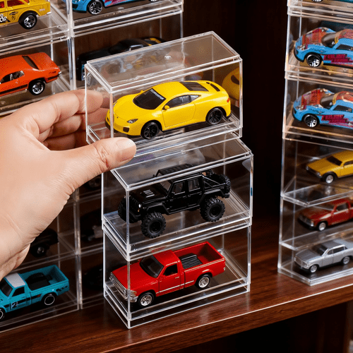 5 stapelbare, durchsichtige vitrinen für modellautos, puppen und sammlerstücke - robuste acryl-aufbewahrungsbox mit transparentem deckel, ideal für zuhause, büro und geschäft, sammlerstücke vitrine | stapelbares design | sicherer deckelverschluss