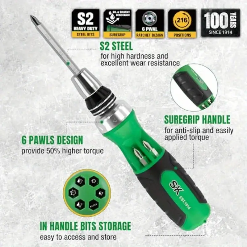 12 in 1 ratcheting screwdriver 216p driver with mechanism s2 steel bits ergonomic handle 6 double ended bits phillips slotted star square 216 position ratchet bits in handle for professional diy use workshop essentials reliable mechanism workshop tools precision tool home Product details 2