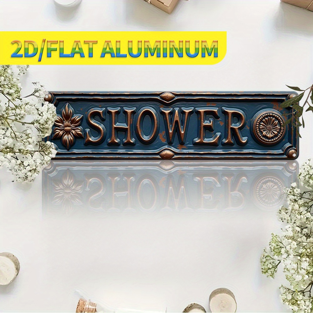 Placa de pared 2D plana, 1 pieza, de aluminio metálico con acabado vintage extravagante, texturizada, con la palabra "SHOWER" y diseño floral vintage - 10.01x39.98cm, arte de pared de estilo rústico, ideal para patios de casa, bares, cafeterías, patios traseros, porches, baños, jardines, dormitorios