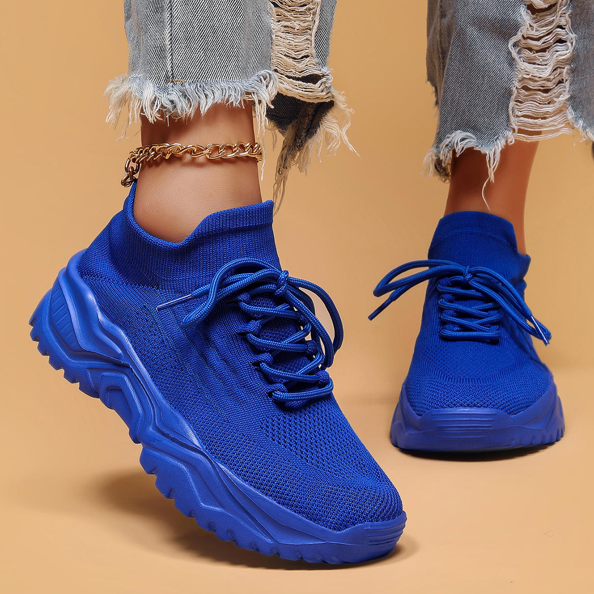 TEMU Simple Sock-style Women's Casual Dad Shoes, Made Of Stretch Fabric With Lace-up , Featuring Thick Platform Soles For Height. Effortless Pairing,