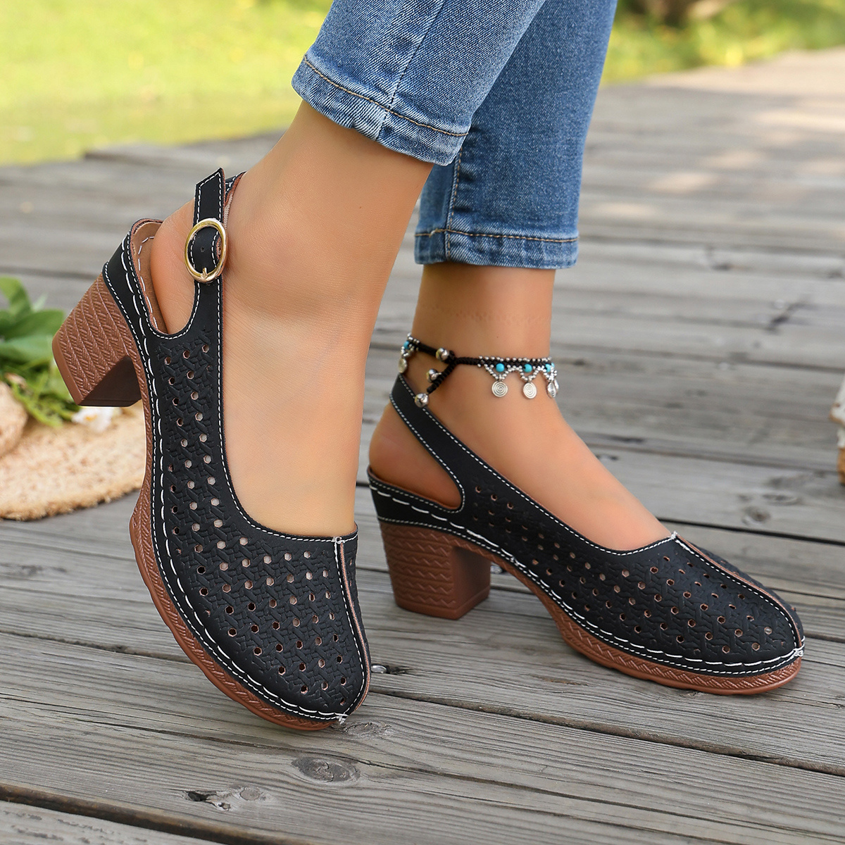 TEMU 8 Sizes , New Summer Women' Color Vintage Bohemian Style Openwork Chunky Heel Sandals With Back Ankle Strap, Mid-heel Shoes, Versatile