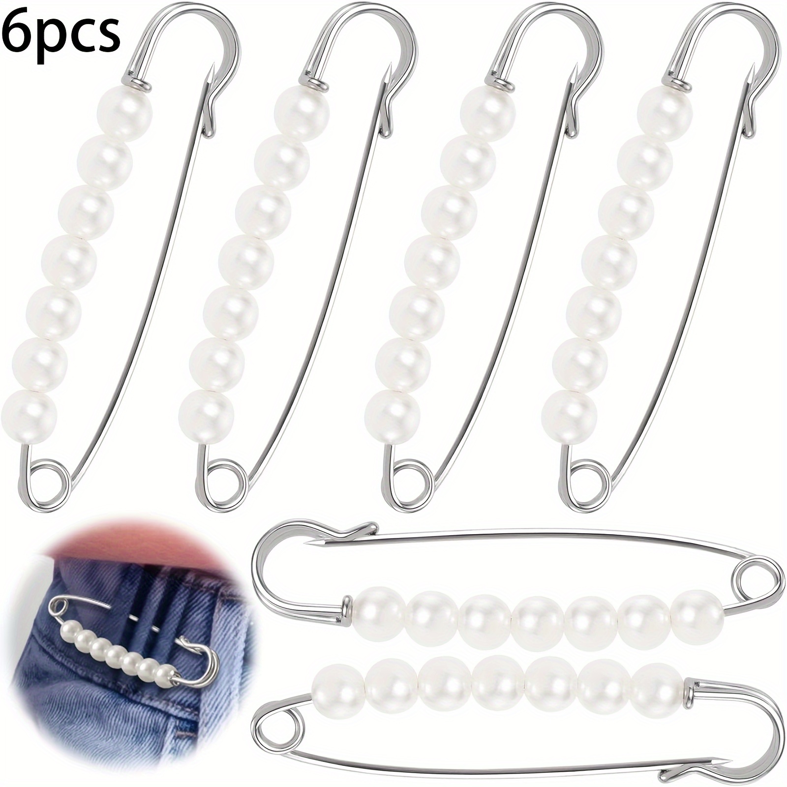 Image of 6pcs Safety Pins For Clothes, Pearl Brooches Shawl Clips For Women, Pants Extender Waist Tightener, Decorative Safety Pins For Shirt Hijab Hat Sweater Cardigan Bag