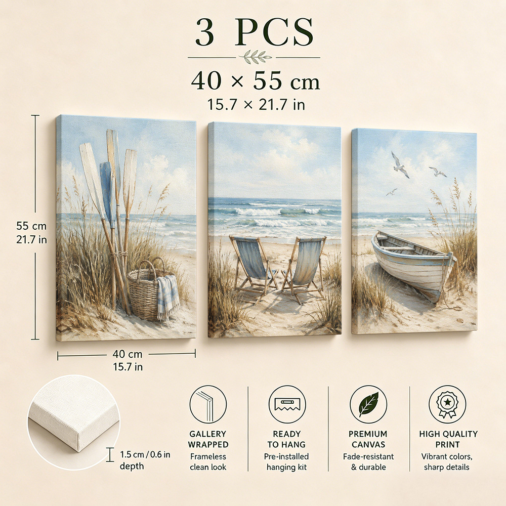 TEMU 2d Flat, 3pcs Vertical Coastal Nautical Wall Art Suitable For Living Room, Bedroom, Dining Room Decor - Wrap-around Framed Canvas Paintings With
