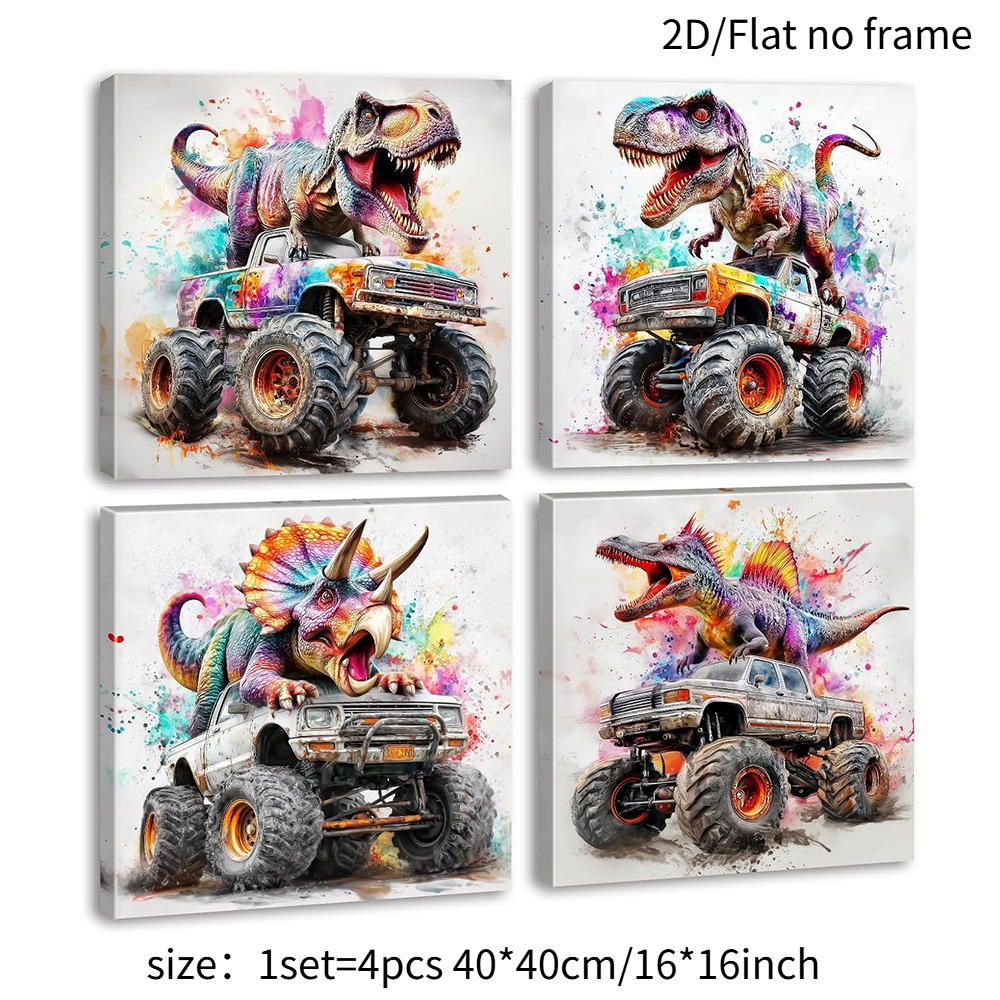 TEMU 2d Flat, 2d Flat, 2d/flat Frameless, 4pcs Boys' Room Dinosaur-themed Wall Art - Monster Truck Canvas Prints, Fun Colorful Wall Decor, Cool