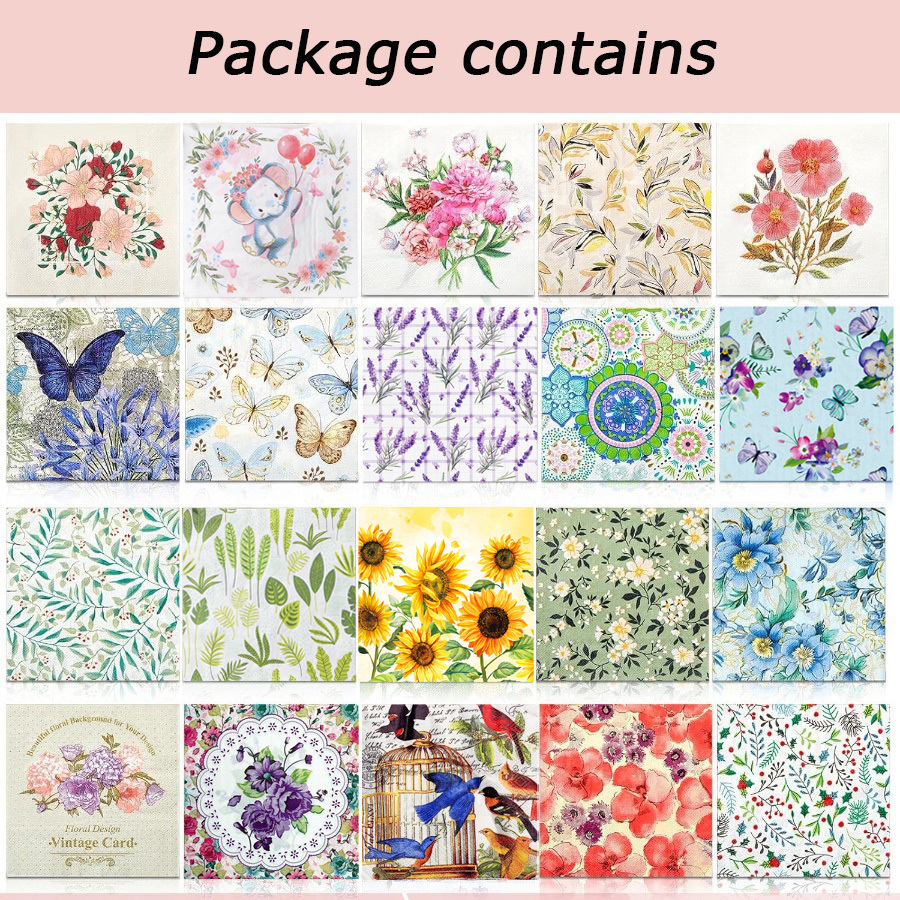 E-shop 20er-Pack verschiedene florale Servietten für Decoupage, Toilettenservietten, Blumen-Cocktail-Dekorpapier für Geburtstagsfeier, schön, prächtig,