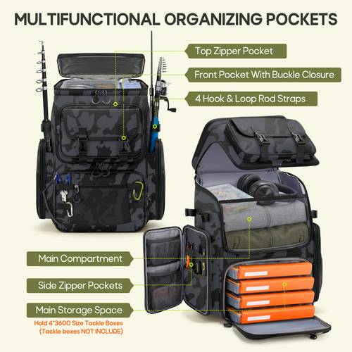 fishing backpack fishing tackle bag with detachable dividers insulated cooler compartment and 4 rod holders professional angler gear storage